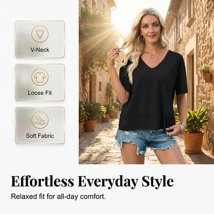 Women's Half Sleeve V-Neck Top with Patchwork Hem