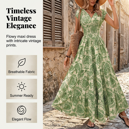 👗 Women's V-Neck Floral Smocked Maxi Dress – Elegant, Bohemian, Lightweight 🦋