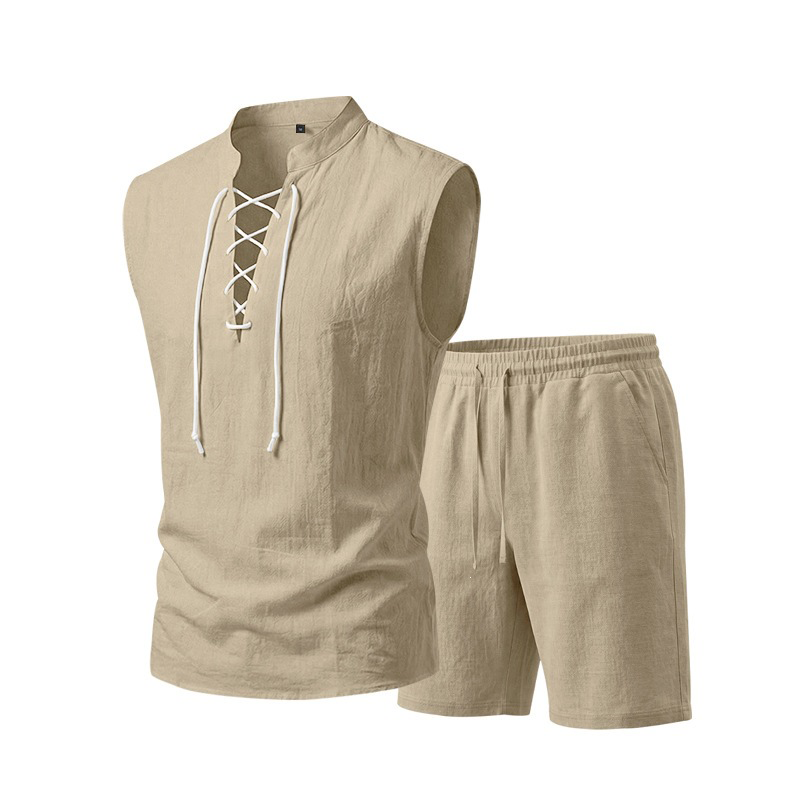 🧵 LIMITED-TIME ✨ Men's Linen Sleeveless Set – Top & Shorts, Lace-Up, 7 Colors ☀️