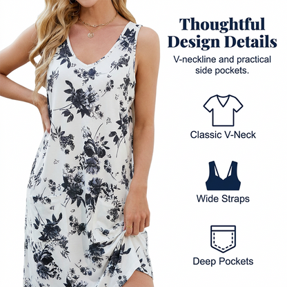 👗🌸 Floral Sleeveless V-neck Dress With Pockets