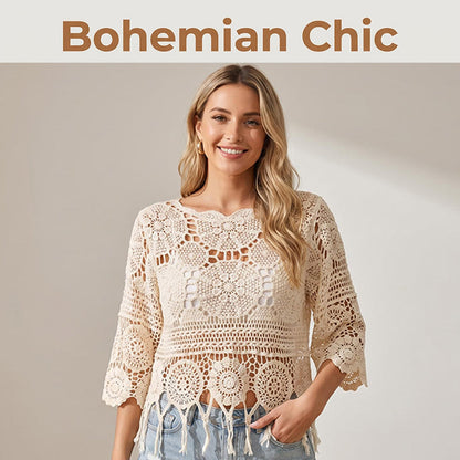 Bohemian Crochet Hollow-Out Top with Fringe Hem