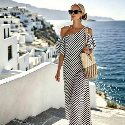 👗  Women's Striped Off Shoulder Dress – Elegant, Flowy, Summer Chic 🌊