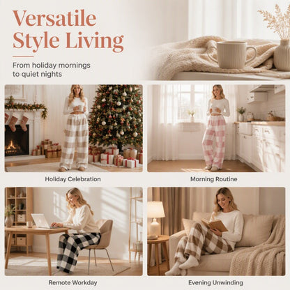 ☁️ Cozy Everyday Comfort | Women's Plush Plaid Wide-Leg Pants