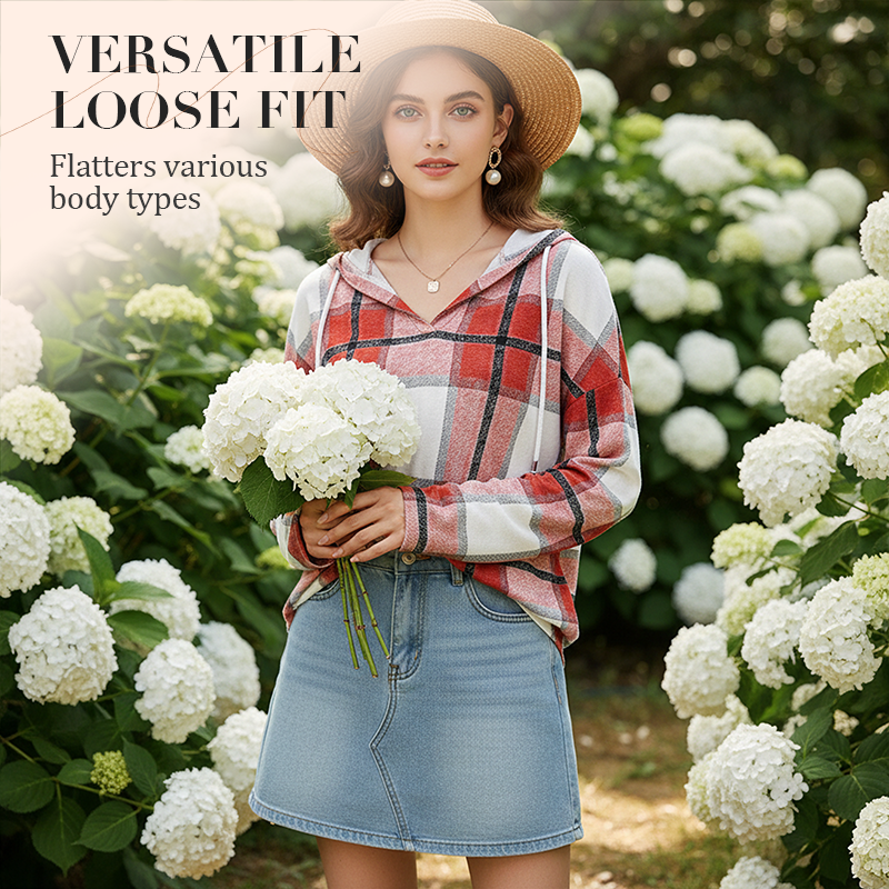 ✨ Easy Everyday Comfort | Women's Plaid Hooded Drawstring V-Neck Shirt🍂