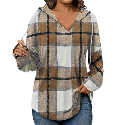 ✨ Easy Everyday Comfort | Women's Plaid Hooded Drawstring V-Neck Shirt🍂