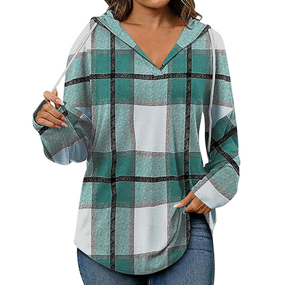 ✨ Easy Everyday Comfort | Women's Plaid Hooded Drawstring V-Neck Shirt🍂