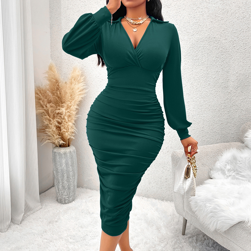 💃 Designed to Flatter | Women's V-Neck Ruched Lantern-Sleeve Bodycon Dress