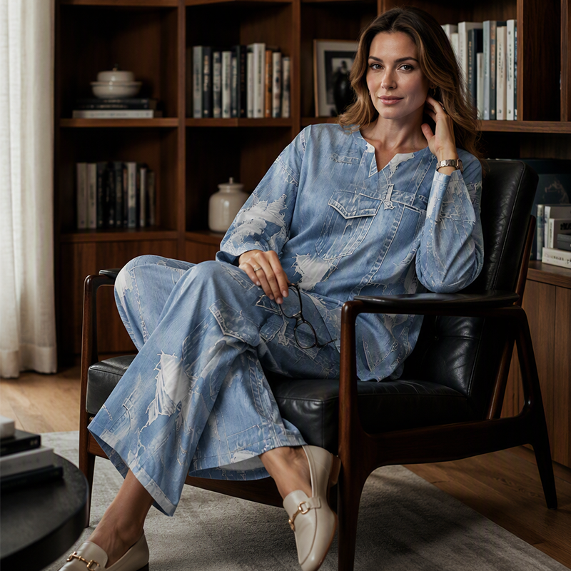 🎨 Denim Look, Lighter Feel | Women's Patchwork Wide-Leg 2-Piece Set