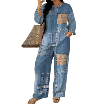 🎨 Denim Look, Lighter Feel | Women's Patchwork Wide-Leg 2-Piece Set