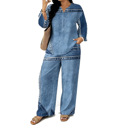🎨 Denim Look, Lighter Feel | Women's Patchwork Wide-Leg 2-Piece Set