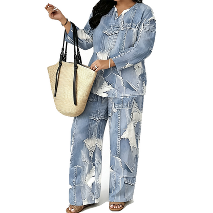 🎨 Denim Look, Lighter Feel | Women's Patchwork Wide-Leg 2-Piece Set