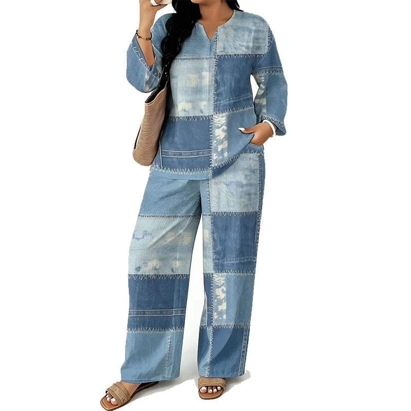 🎨 Denim Look, Lighter Feel | Women's Patchwork Wide-Leg 2-Piece Set