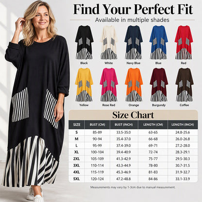 👗 Eye-Catching Pattern Mix, Graceful Long-Line Flow | Women's Striped Patchwork Long Sleeve Maxi Dress