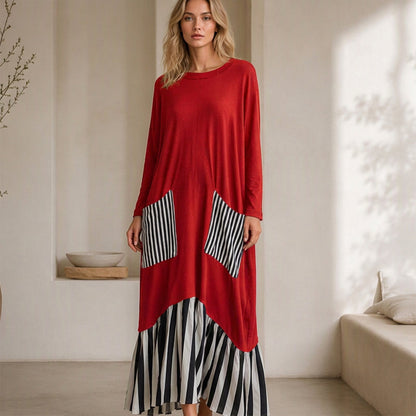 👗 Eye-Catching Pattern Mix, Graceful Long-Line Flow | Women's Striped Patchwork Long Sleeve Maxi Dress