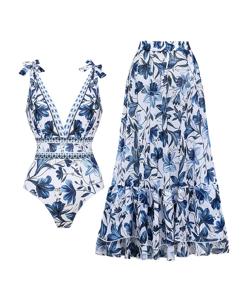 🩱V Neck Lace Up Printed One Piece Swimsuit and Skirt